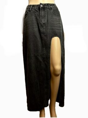 Charcoal High-Waist Black Denim Maxi Skirt with Thigh Slit